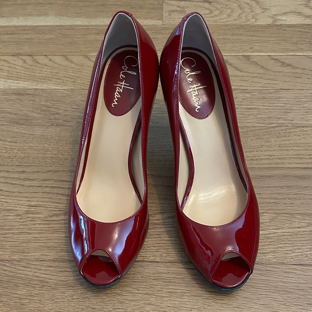 Cole Haan Burgundy Patent Peep-Toe Pumps